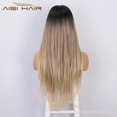 Aisi Hair High Quality 13x6 Long Silky Straight Wig Ombre Blonde Swiss Lace Wig Synthetic Hair Lace Front Wigs For Black Women